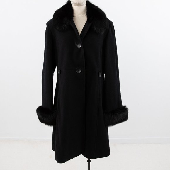 Vintage M Cashmere Wool Fox Fur Winter Coat Black - Picture 12 of 12